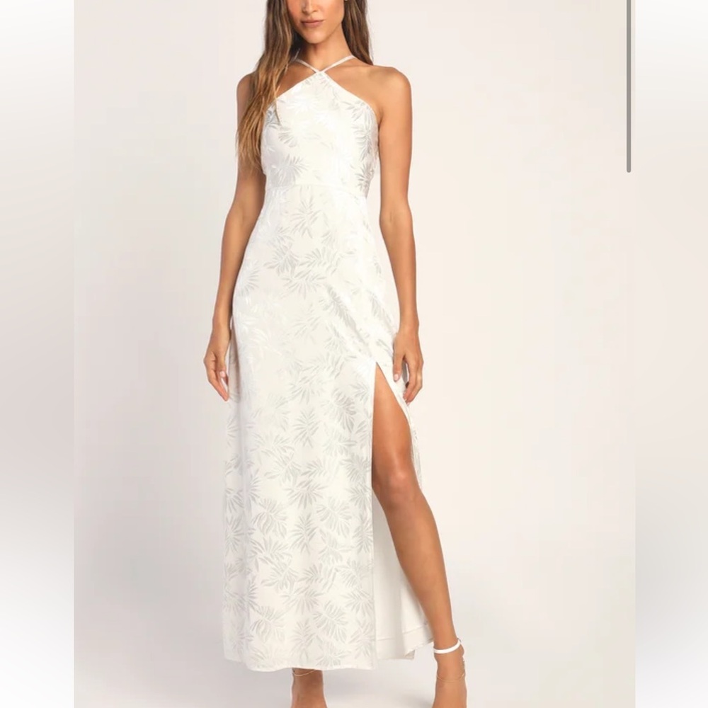 Lulu’s White Satin Leaf Print Dress